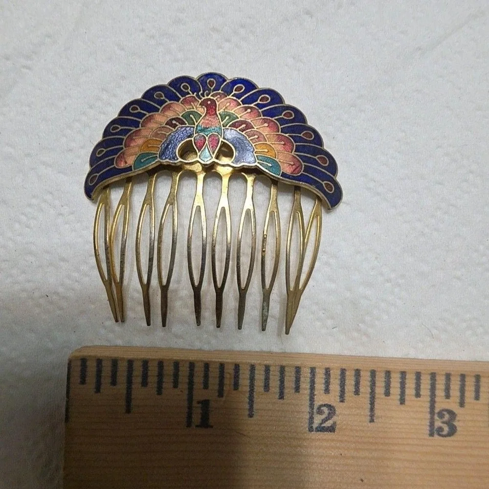 Brass Hair Comb Peacock Enamel Multicolor Bird 2.5 In Boho Hair Jewelry